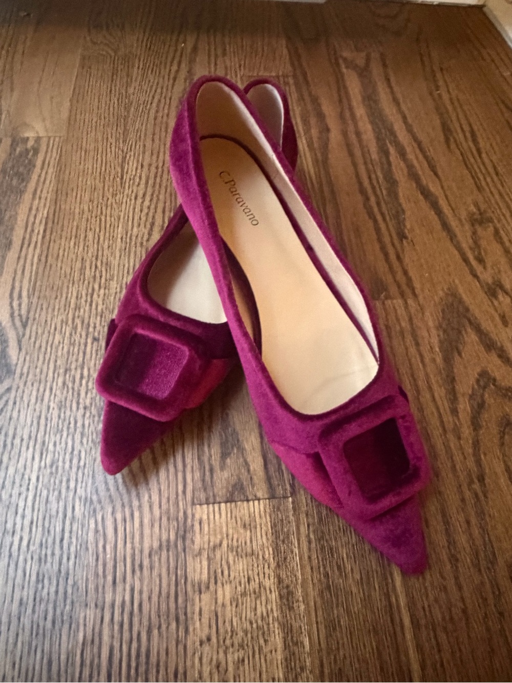 C. Paravano Burgundy Pointed Velvet Flats with Decorative Buckle